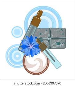 The composition of natural cosmetics. Soap with cream and bubbles and a blue flower on the background of water drops. An illustration in a simple, minimalistic flat style.