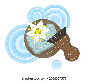 La composición de los cosméticos ecológicos naturales. Jabón con un cepillo de whisky sobre el fondo de las gotas de agua. Ilustración en un estilo plano simple y minimalista.
