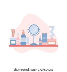 Composition with natural organic cosmetic products in bottles,tubes and jars for skin care and mirror on a shelf. Skincare routine set. Flat cartoon vector illustration.