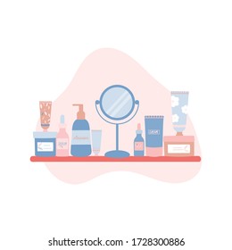 Composition with natural organic cosmetic products in bottles,tubes and jars for skin care and mirror on a shelf. Skincare routine set. Flat cartoon vector illustration.