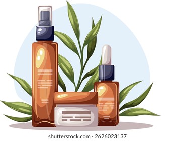 Composition with natural organic cosmetic products in bottles, tubes and jars for skin and body care with floral elements. Skincare routine set. Vector illustration. 
