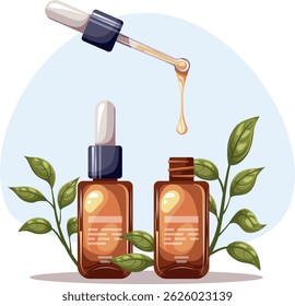 Composition with natural organic cosmetic products in bottles, tubes and jars for skin and body care with floral elements. Skincare routine set. Vector illustration. 
