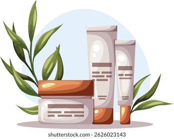 Composition with natural organic cosmetic products in bottles, tubes and jars for skin and body care with floral elements. Skincare routine set. Vector illustration. 
