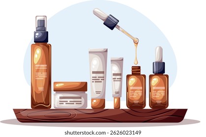 Composition with natural organic cosmetic products in bottles, tubes and jars for skin and body care with floral elements. Skincare routine set. Vector illustration. 
