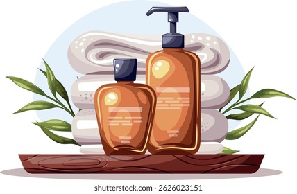 Composition with natural organic cosmetic products in bottles, tubes and jars for skin and body care with floral elements. Skincare routine set. Vector illustration. 
