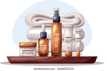 Composition with natural organic cosmetic products in bottles, tubes and jars for skin and body care with floral elements. Skincare routine set. Vector illustration. 
