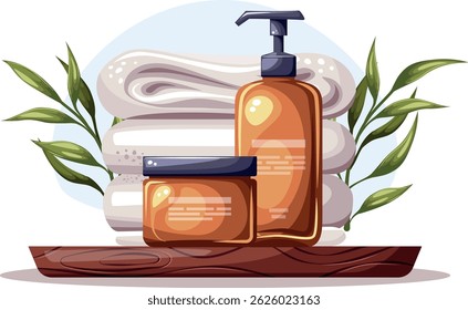 Composition with natural organic cosmetic products in bottles, tubes and jars for skin and body care with floral elements. Skincare routine set. Vector illustration. 
