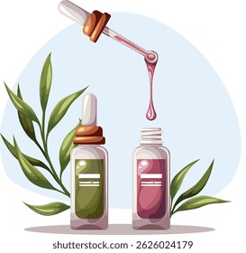 Composition with natural organic cosmetic products in bottles, tubes and jars for skin and body care. Skincare routine set. Vector illustration.
