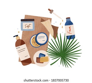 Composition of natural organic cosmetic. Spa cleansing products in eco friendly packaging. Face and body care cream jars, foam bottles and soap. Flat vector cartoon illustration isolated white.