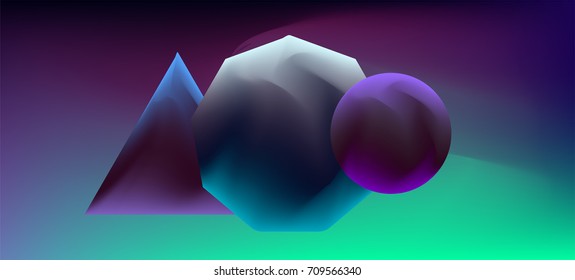 Composition of neon holographic shapes: square, triangle, circle. Synthwave/ retrowave/ vaporwave 80s-90s style illustration.