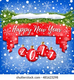 Composition of New Year banner decorated with red Christmas balls, Christmas tree branches, snow and snowflakes on blue background