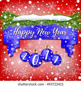 Composition of New Year banner decorated with blue Christmas balls, Christmas tree branches, snow and snowflakes on red background