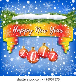 Composition of New Year greeting card decorated with colorful Christmas balls, Christmas tree branches, snow and snowflakes on blue background
