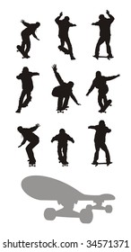 Composition with nine silhouettes of teenagers going on skateboards. All silhouettes of black colour. Under them the skateboard silhouette is located.
