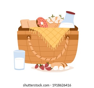 Composition of non alcoholic picnic basket with bottle of milk, sliced bread, strawberries and sweet dessert. Colorful flat vector illustration isolated on white background