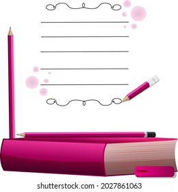 composition from a notebook with pencils, books and an eraser in pink tones
