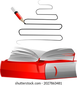 composition from a composition from a notebook  with pencils and books in red tones