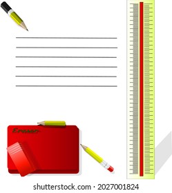 composition of a notebook with pencils, a ruler and an eraser in red and yellow tones