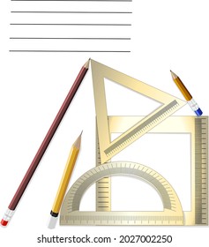 composition of a notebook with pencils, a ruler and an eraser in orange tones