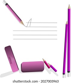 composition of a notebook with pencils, a ruler and an eraser in pink tones