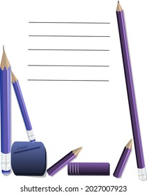 composición de un cuaderno con lápices, una regla y un borrador en tonos azul y púrpura