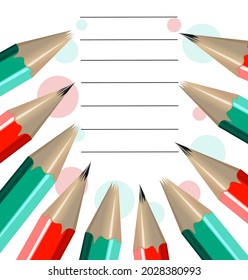 composición de un cuaderno con lápices rojos y verdes