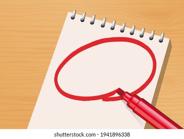 Composition with notepad and red marker on desk with blank page for writing important message.