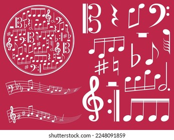 Composition with notes and clefs, musical signs, sound texture, musician theme. Flying stave,