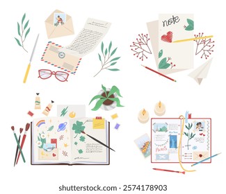 Composition of notes, diary, letters cute design set