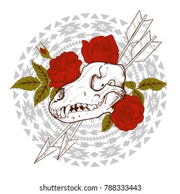 composition ofanimal skull, red roses, arrows and indian geometric ornament, vector illustration
