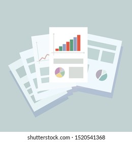 composition of office business sheets of paper with graphs and articles on a light blue background