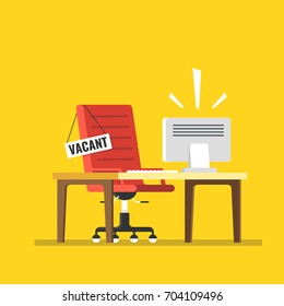 Composition with office chair Computer table and a sign vacant. Business hiring and recruiting concept. Flat vector illustration.