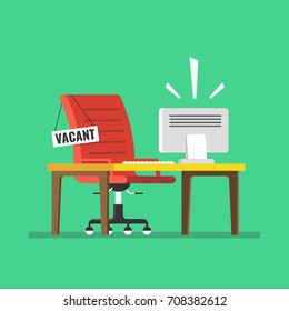 Composition with office chair Computer table and a sign vacant. Business hiring and recruiting concept. Flat vector illustration.