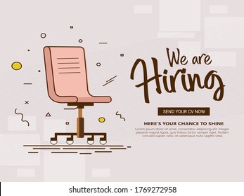 Composition with office chair, a sign vacant and inscription we're hiring with icons on background. Business recruiting concept. Vector illustration.