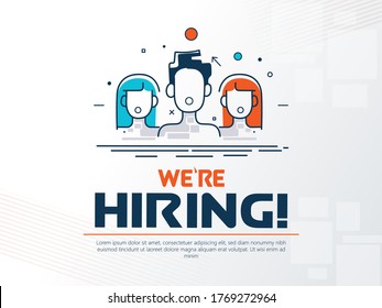 Composition with office chair, a sign vacant and inscription we're hiring with icons on background. Business recruiting concept. Vector illustration.