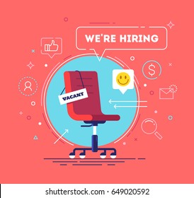 Composition with office chair, a sign vacant and inscription we're hiring with icons on background. Business recruiting concept. Vector illustration.