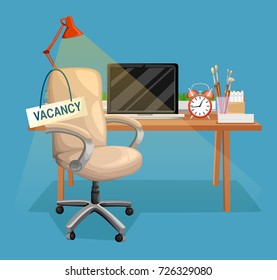 Composition with office chair and a sign vacant. Business hiring and recruiting concept. Vector illustration. Web site page and mobile app design element.