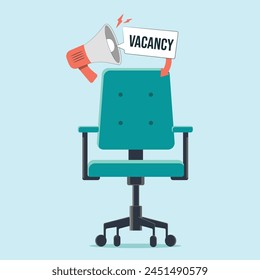Composition with office chair and vacancy sign. Concept of hiring and recruiting in business. Sign in for job seekers. Blank space for applicants, vacancy announcement, hiring in a company.