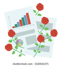 composition of office sheets of paper with graphs and with red roses on a white background