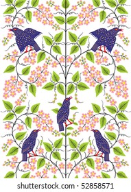 Composition in old-style Bluebirds on a flowering tree over white background