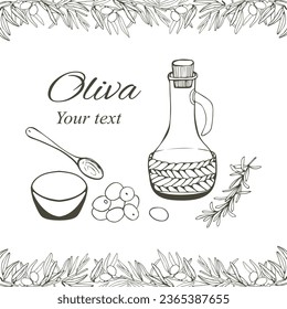 Composition of olive branches and glass bottles for oil. Vector composition. Composition for postcards and stickers with your text for your design