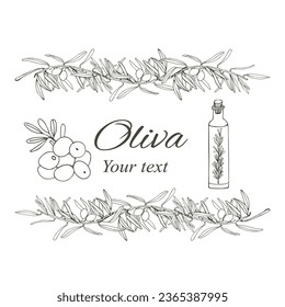 Composition of olive branches and glass bottles for oil. Vector composition. Composition for postcards and stickers with your text for your design.