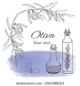 Composition of olive branches and glass bottles for oil. Vector composition. Composition for postcards and stickers with your text for your design.