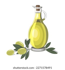 Composition olive oil in a glass bottle with a cork lid and a branch of green olives isolated on a white background.Vector illustration for menus,recipes,olive oil labels,textiles.