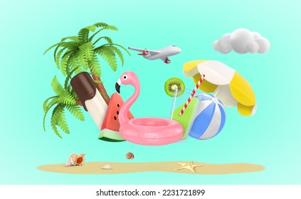 Composition on a colorful background of summer things. Vacation. Vector illustration