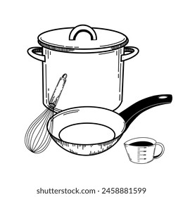 Composition on a kitchen theme. A saucepan, a frying pan with a black handle, a measuring cup, a whisk. Objects are drawn in black in vector. For the kitchen, stove, design, dishes, textiles.