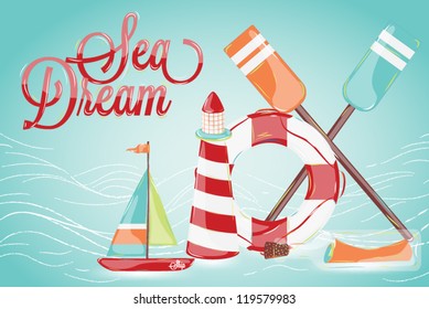 Composition on the marine theme with a lighthouse, ships, sailboats, oars bottle with a message