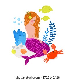 Composition on the theme of the mermaid. The image of a fabulous marine life. Children's, sweetheart. Vector stock illustration. Isolated on a white background.
