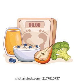 composition on the theme of proper nutrition and weight loss. scales, pear fruit, broccoli, fresh orange smoothie juice and oatmeal with berries. vector isolated on white for nutritionist banner.