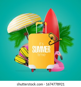 Composition on the theme of summer time. Red surfboard, yellow suitcase for tourism, flippers, swimming mask, goggles, palm trees, umbrella, rubber rings for swimming. Vector.